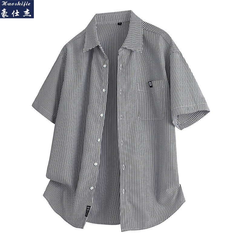 13537454.《百搭潮流》夏季新款潮流个性时尚百搭细条竖纹休闲短袖衬衫