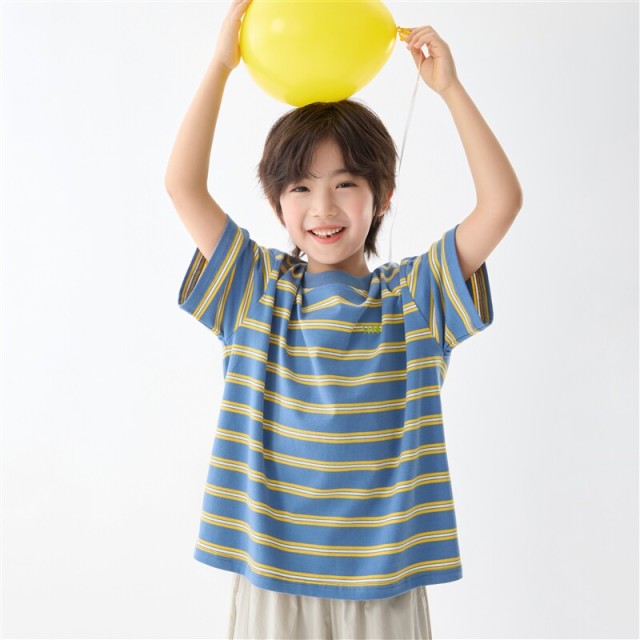13692744.海妈家男童撞色条纹短袖T恤夏季薄2026新款儿童中大童透气上衣