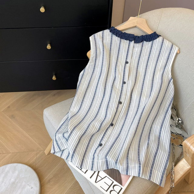 13538782.初云紫衣夏装 女文艺休闲独特小众别致木耳边条纹背心上衣9688