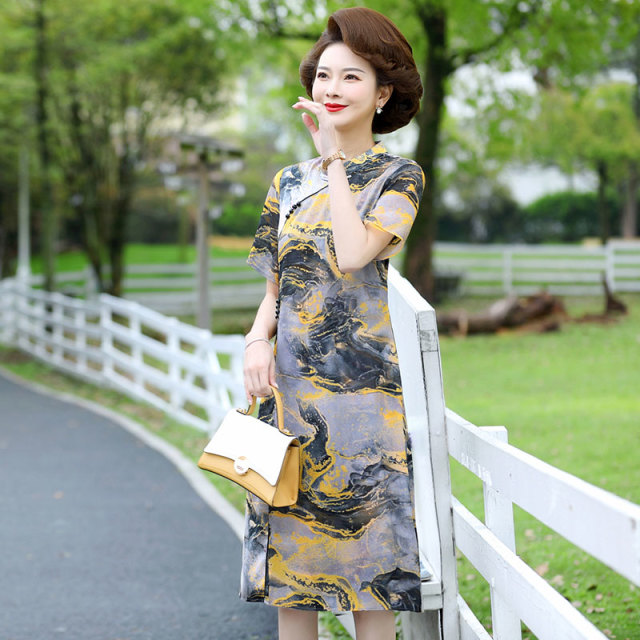 13539747.妈妈装国风花色假两件优雅连衣裙5291