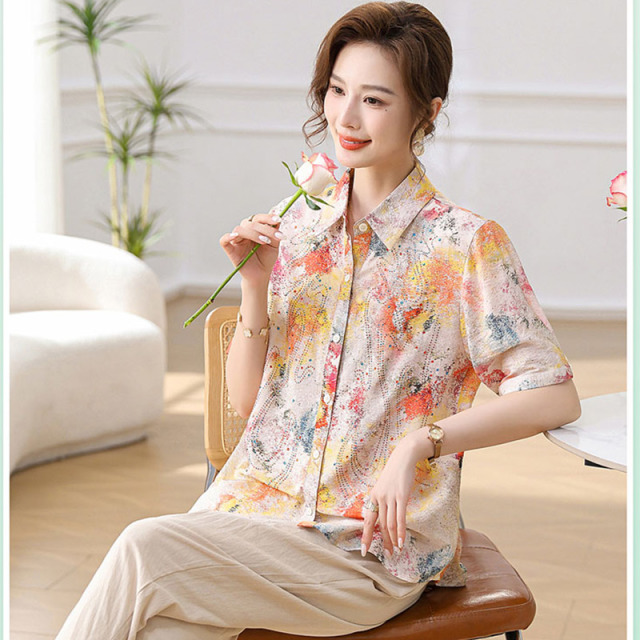 13539757.妈妈装夏季翻领花色短袖衬衫816
