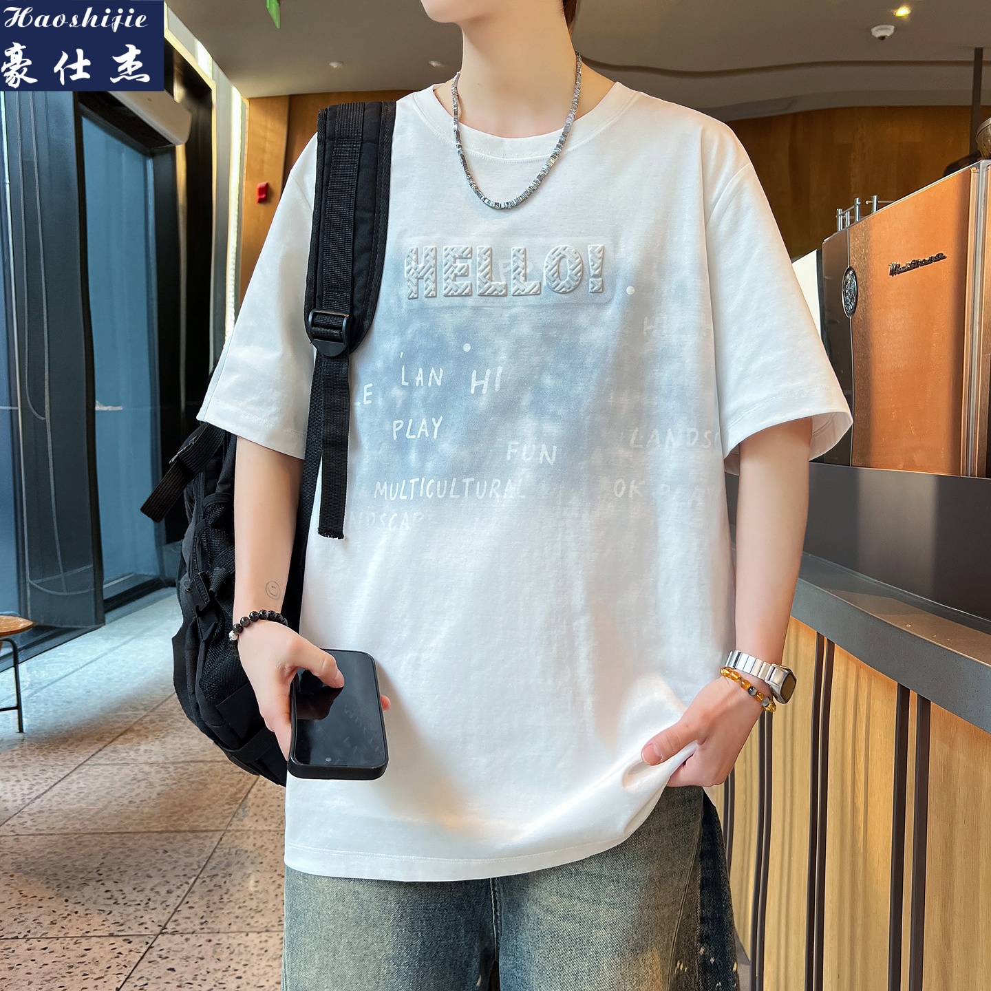 13540394.《百搭潮流》夏季青少年短袖棉T恤男港风宽百搭透气T恤