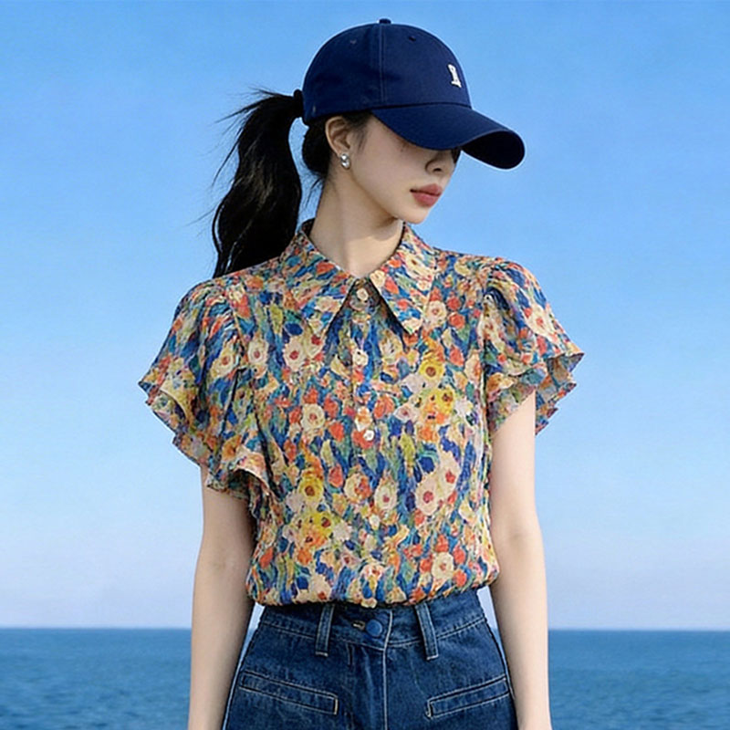 13540089.丹芙娅polo领碎花小飞袖短袖衬衫
