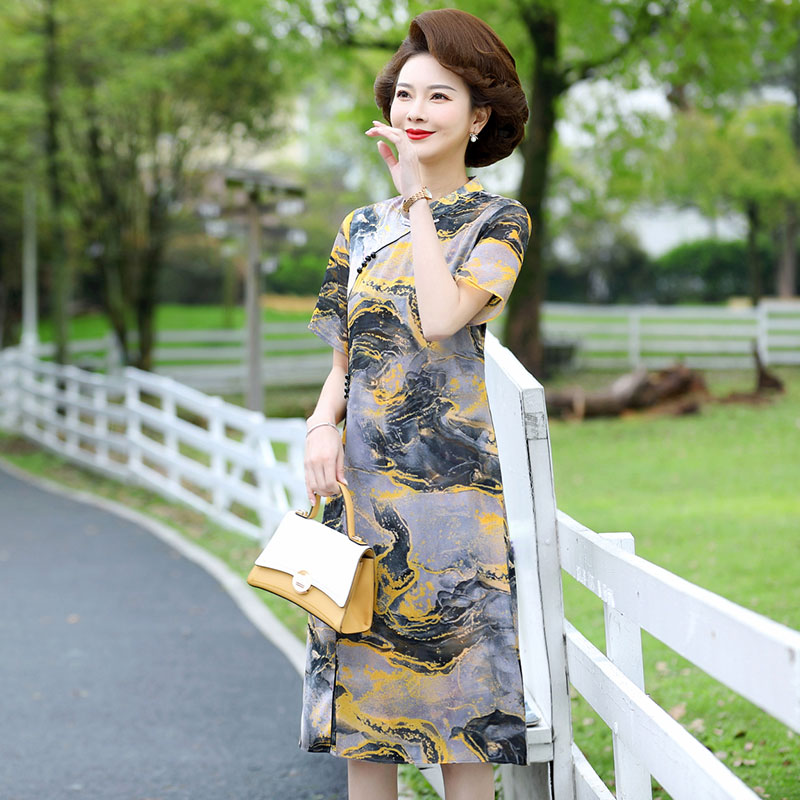 13539747.妈妈装国风花色假两件优雅连衣裙5291