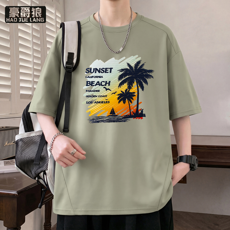 13550979.落肩袖短袖t恤男生夏季新款宽松重磅潮牌半袖体恤圆领上衣服