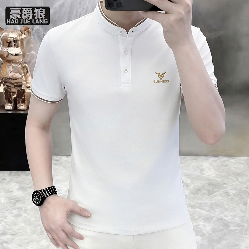 13551044.新款立领男士短袖T恤Polo衫冰丝感小翻领半袖男装百搭上衣体恤