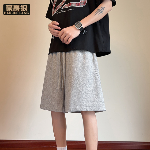 13551031.美式重磅拼接短裤男夏季宽松大码运动休闲沙滩裤男生简约五分裤子