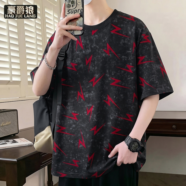 13550983.潮牌短袖T恤男士休闲圆领宽松百搭高级感上衣服潮流青年破洞半袖