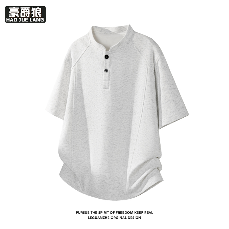 13551034.亨利领正肩拼接短袖T恤男款夏季新款美式重磅灰色休闲体恤半袖上衣