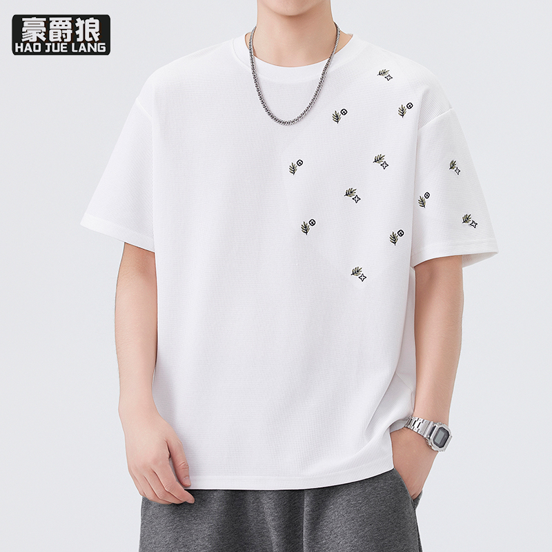 13550977.男士短袖T恤宽松夏季华夫格潮牌刺绣青少年质感休闲圆领半袖上衣