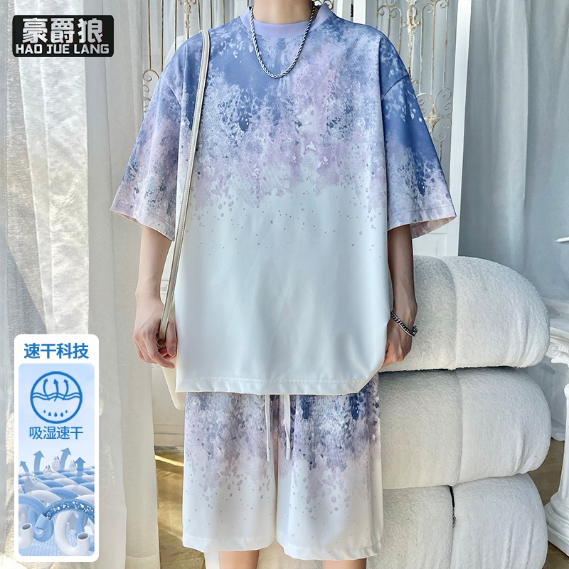 13551066.青少年学生休闲运动套装男夏季宽松冰丝短袖t恤速干五分短裤一套