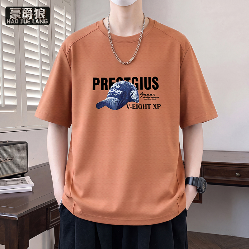 13550975.潮流宽松短袖T恤男夏季落肩袖圆领美式印花百搭青少年学生体恤衫