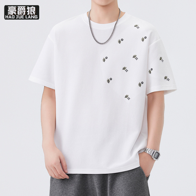 13550977.男士短袖T恤宽松夏季华夫格潮牌刺绣青少年质感休闲圆领半袖上衣