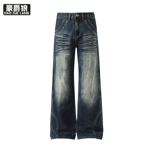 13550994.美式高街闪电纹牛仔裤男四季款水洗潮流宽松微喇长裤