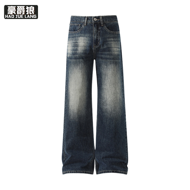13550989.美式高街复古水洗微喇牛仔裤男士直筒宽松休闲阔腿长裤子