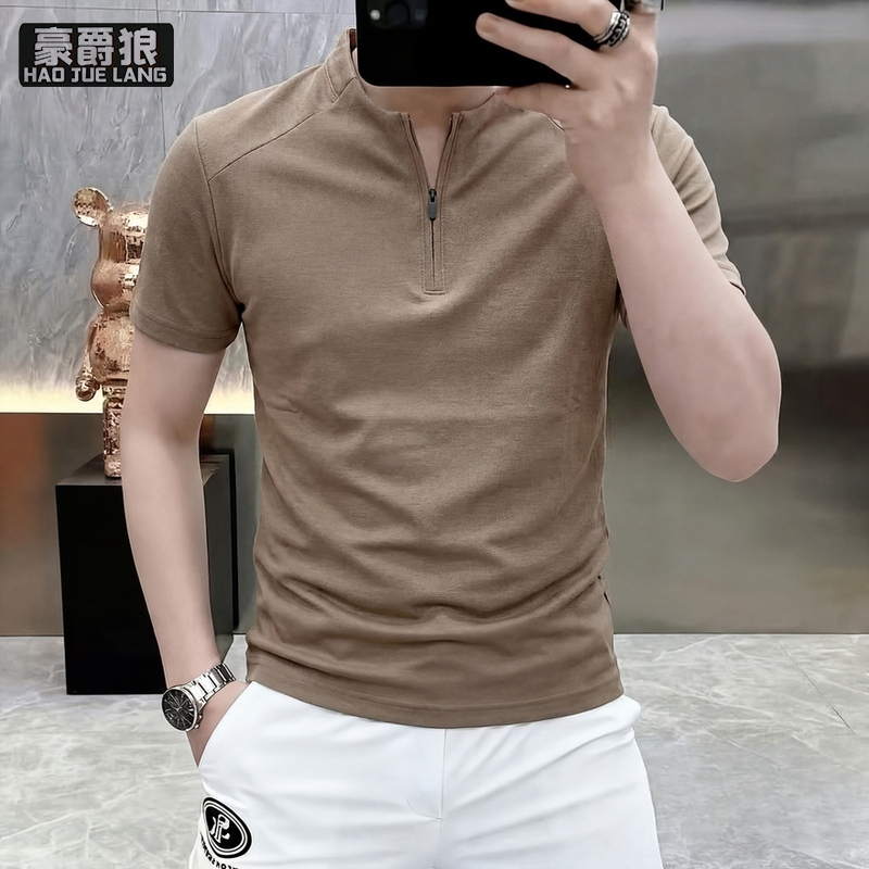 13551053.简约纯色上衣夏季潮流纯棉透气立领POLO衫男青年运动休闲短袖T恤