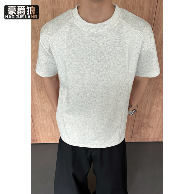 13551040.白花灰美式重磅t恤男款夏季潮大码解构拼接短袖百搭正肩半袖体恤