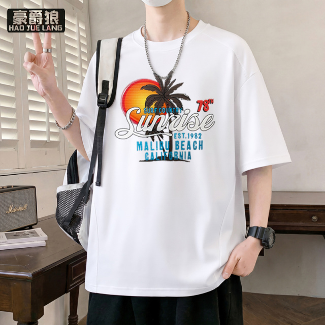 13550971.男夏透气速干圆领短袖T恤字母印花帅青少年学生宽松纯色上衣潮流