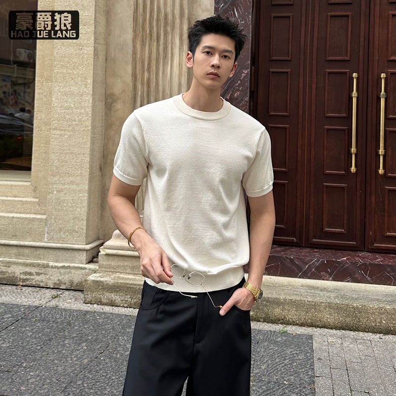 13551030.老钱风针织短袖男款夏季美式小领口正肩修身t恤螺纹凉感半袖