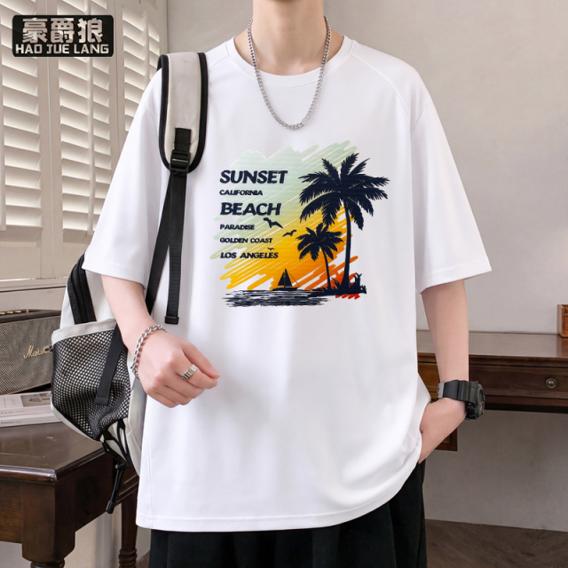 13550979.落肩袖短袖t恤男生夏季新款宽松重磅潮牌半袖体恤圆领上衣服