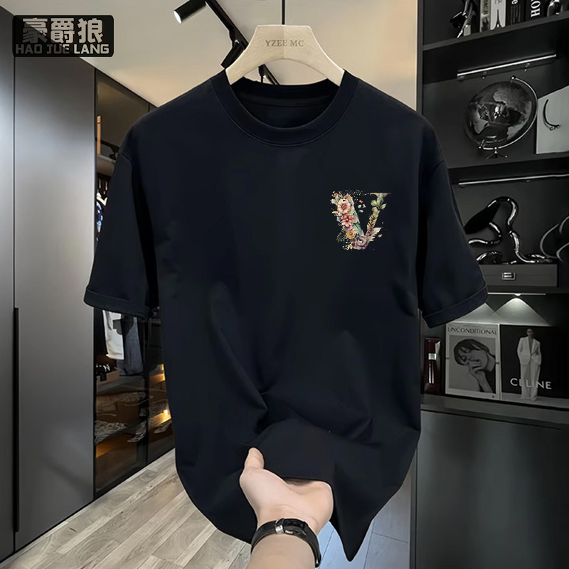 13550963.欧美潮牌花卉印花短袖T恤男夏季纯棉修身潮流上衣简约风半袖体恤