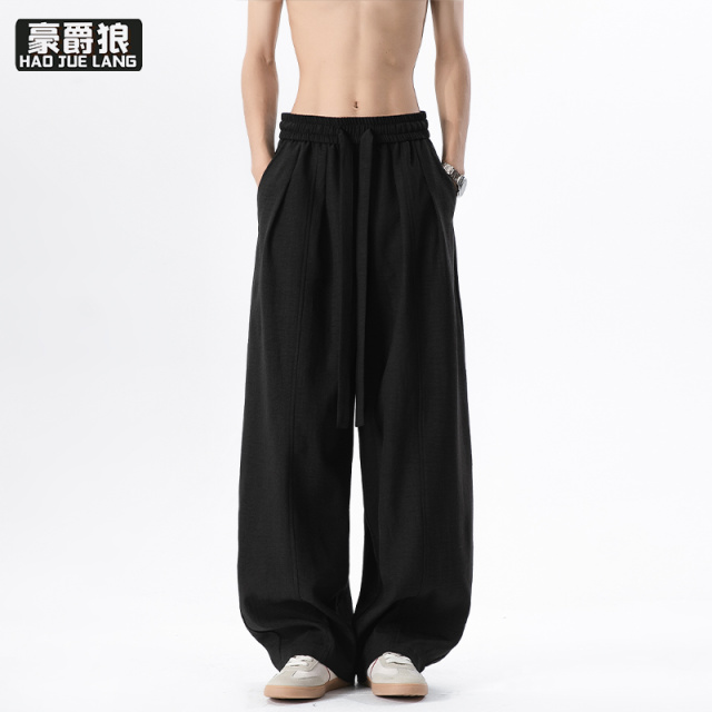 13551010.老钱风男装仿亚麻裤子男士穿搭夏季薄款垂感阔腿直筒宽松休闲长裤