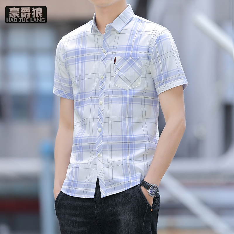 13550970.短袖衬衫夏季青年休闲薄款格子上衣衬衣修身帅气口袋寸衫