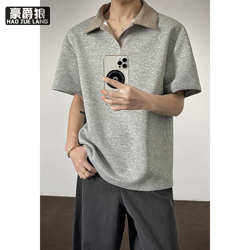 13551046.Polo衫短袖男夏季新款潮牌翻领拼接半袖t恤男士高级感休闲上衣
