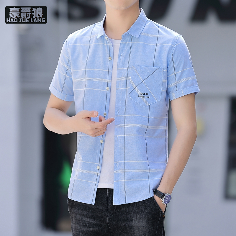 13551001.衬衫男短袖夏季韩版潮流休闲帅气格子衬衣舒适新款有口袋上衣寸衫