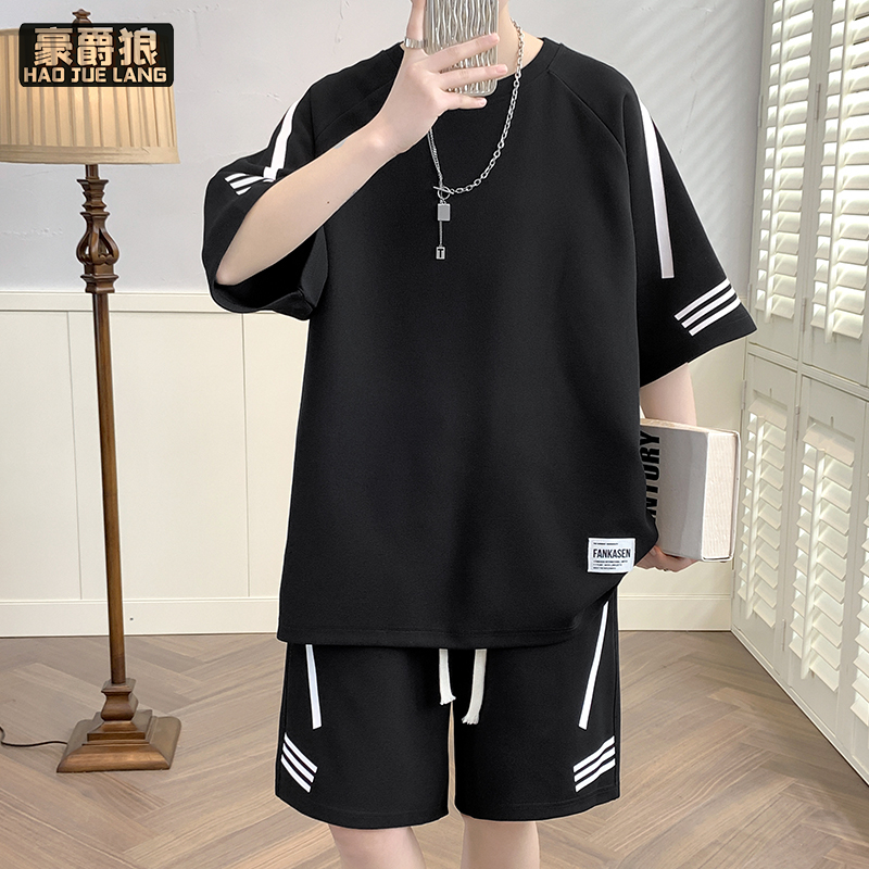 13551004.休闲运动套装男夏季新款宽松冰丝短袖t恤男士短裤搭配帅气一整套