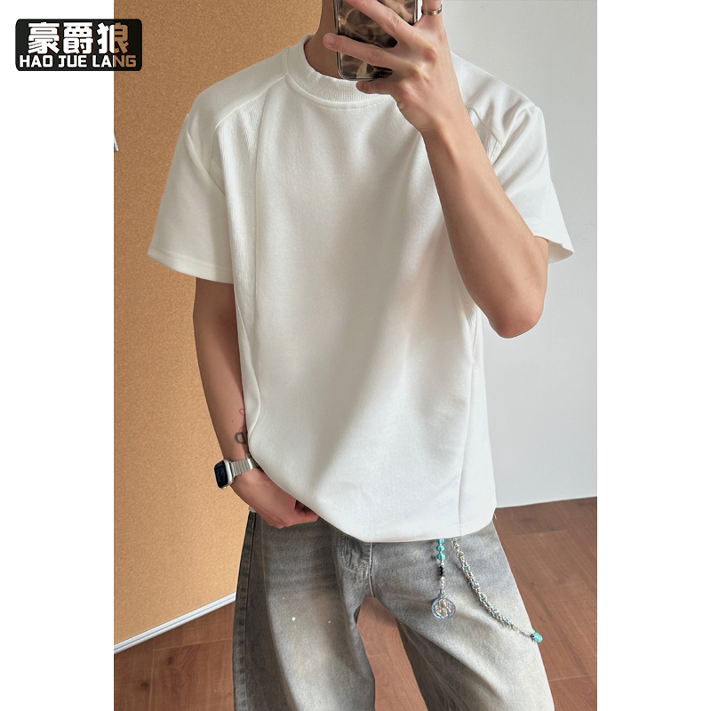 13551040.白花灰美式重磅t恤男款夏季潮大码解构拼接短袖百搭正肩半袖体恤