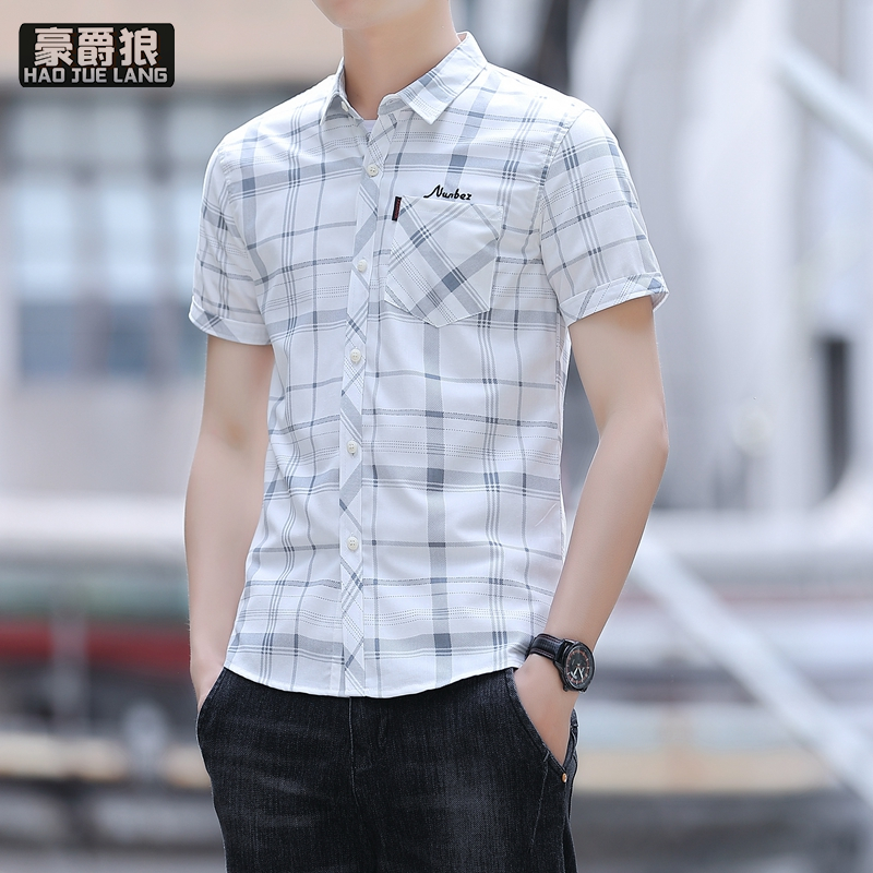 13551005.衬衫男短袖新款韩版潮流条纹夏季男士衬衣青年休闲半袖上衣服