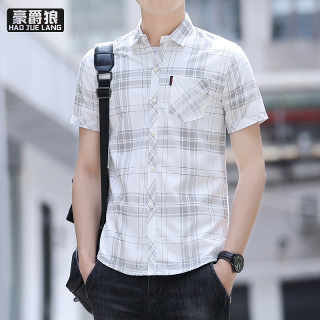 13550970.短袖衬衫夏季青年休闲薄款格子上衣衬衣修身帅气口袋寸衫