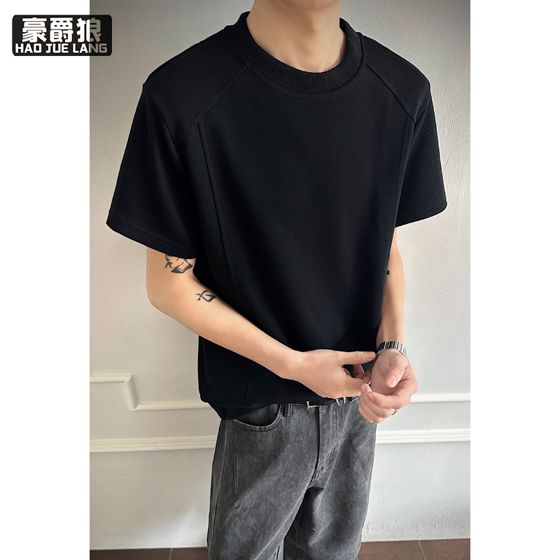 13551039.美式高街解构纯色圆领短袖T恤男女潮牌夏季重磅休闲体恤