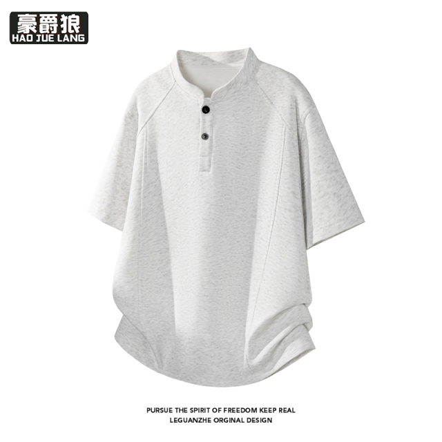 13551034.亨利领正肩拼接短袖T恤男款夏季新款美式重磅灰色休闲体恤半袖上衣