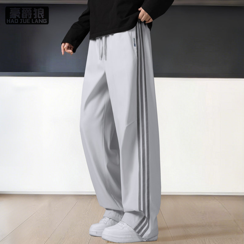 13550986.美式潮牌侧边条纹宽松阔腿裤子男款慵懒风痞帅休闲长裤百搭运动裤