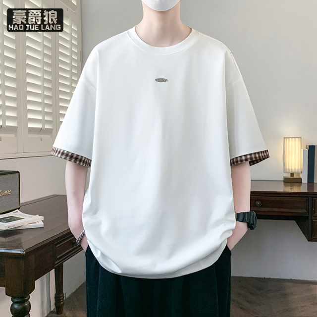 13551064.简约短袖T恤男夏季新款宽松格纹拼接半袖体恤休闲百搭男装上衣服