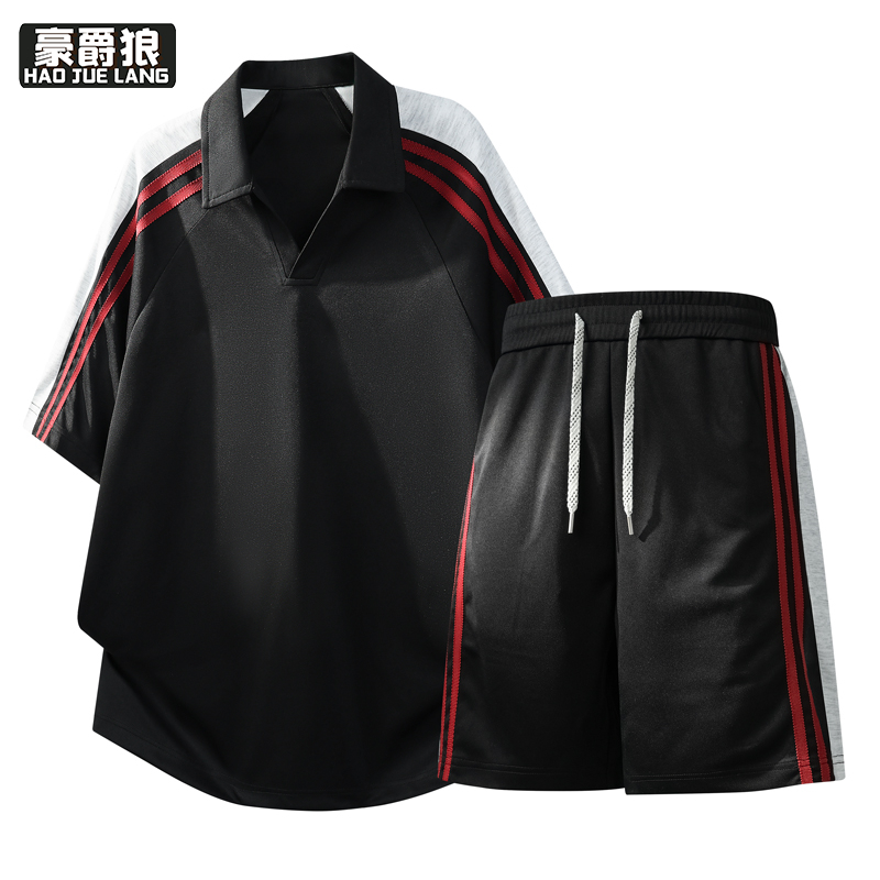 13550968.夏季拼色条纹半拉链翻领t恤男短袖日系高级感Polo衫酷帅一套穿搭