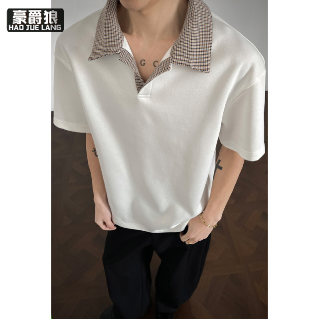 13551046.Polo衫短袖男夏季新款潮牌翻领拼接半袖t恤男士高级感休闲上衣