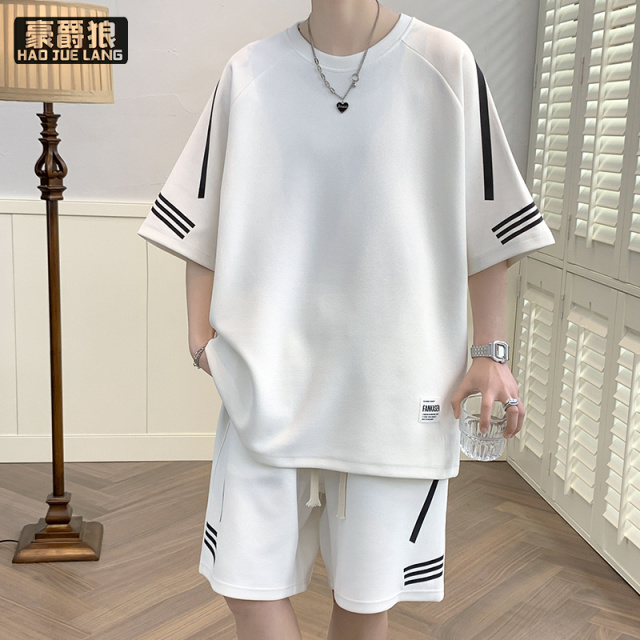 13551004.休闲运动套装男夏季新款宽松冰丝短袖t恤男士短裤搭配帅气一整套