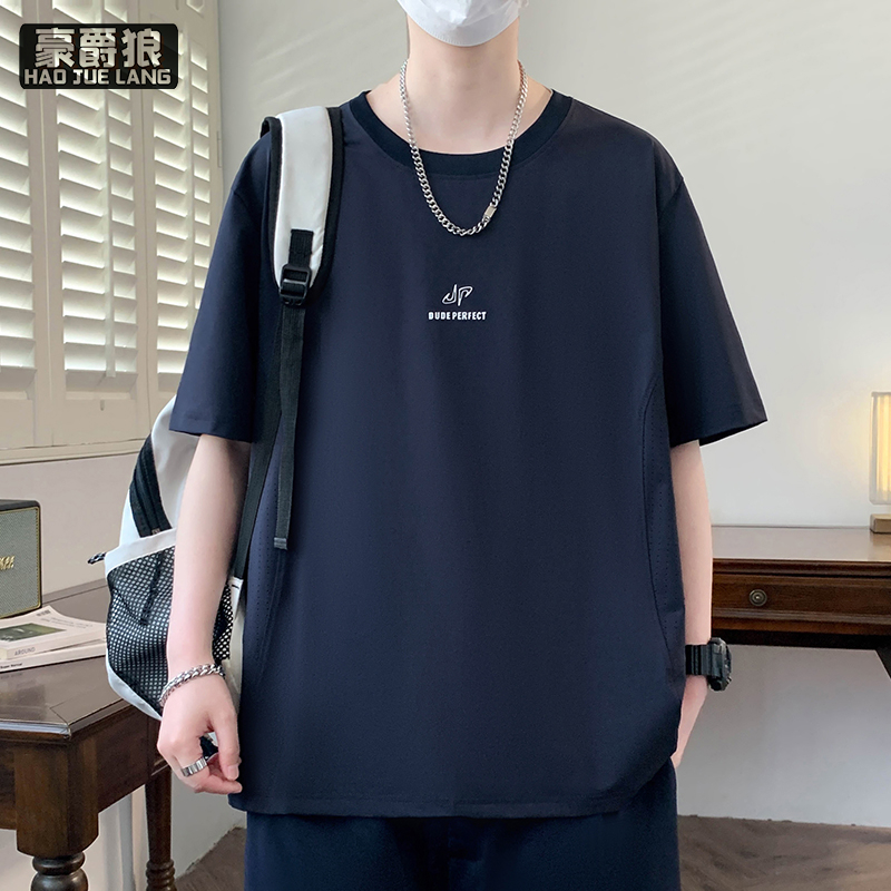 13550997.男士短袖t恤夏季新款冰丝半袖上衣休闲百搭潮牌高端男装体恤