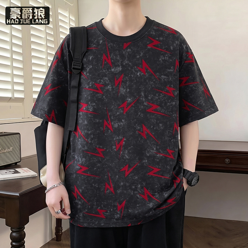 13550983.潮牌短袖T恤男士休闲圆领宽松百搭高级感上衣服潮流青年破洞半袖