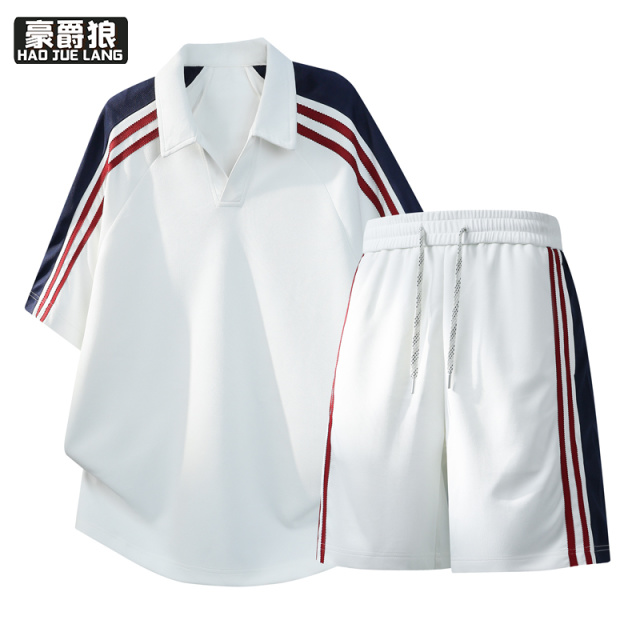 13550968.夏季拼色条纹半拉链翻领t恤男短袖日系高级感Polo衫酷帅一套穿搭