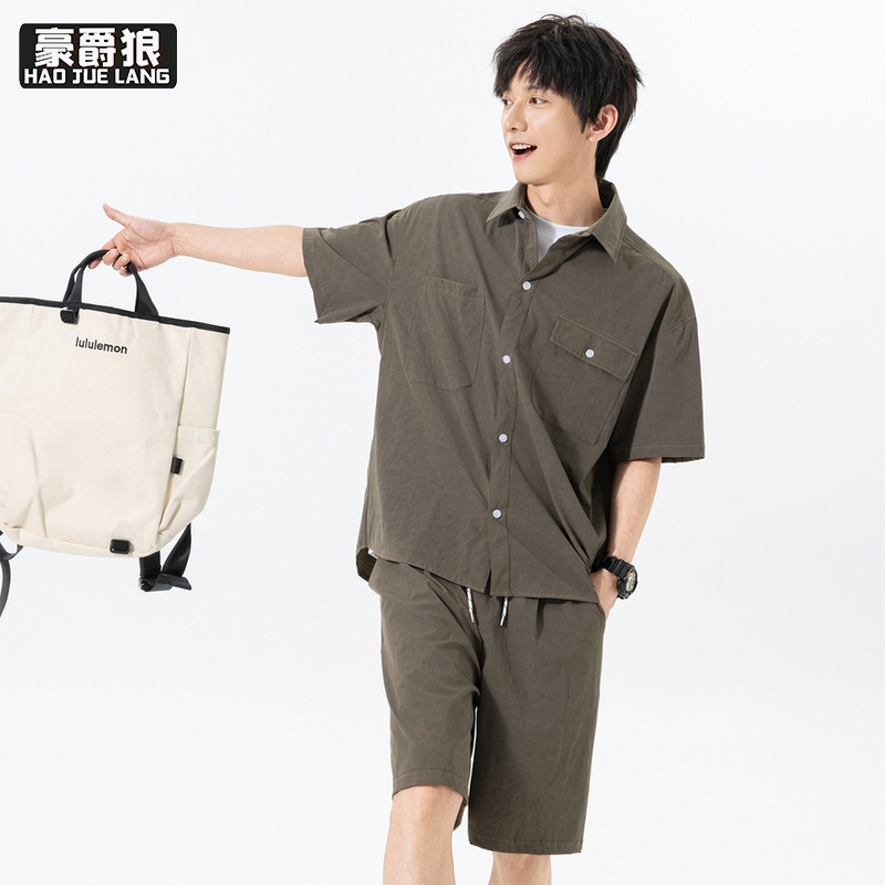 13550987.美式复古翻领短袖衬衫短裤两件套男女款夏季轻薄透气宽松工装套装