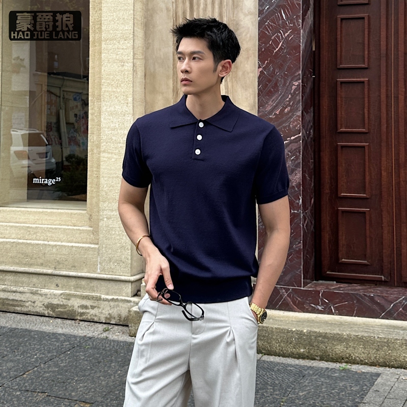 13551028.老钱风黑色针织POLO衫短袖男款夏季弹力正肩t恤高级感翻领半截袖