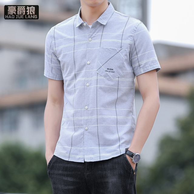13551001.衬衫男短袖夏季韩版潮流休闲帅气格子衬衣舒适新款有口袋上衣寸衫