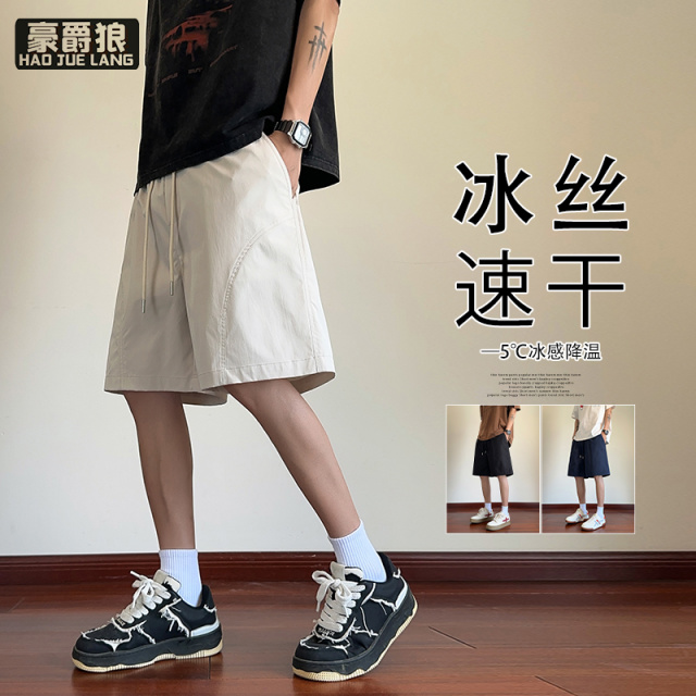 13551022.美式斜切速干冰丝休闲短裤男女夏季薄款篮球运动四分裤宽松工装裤