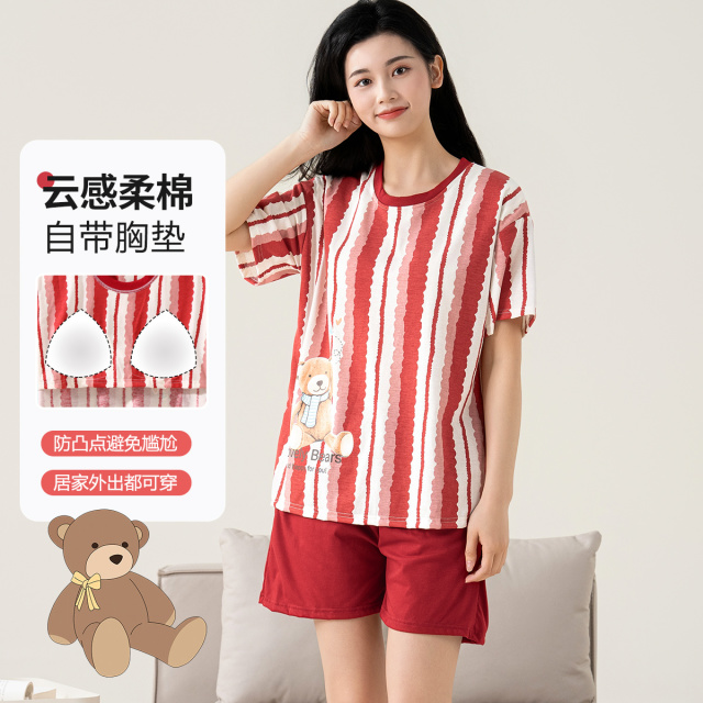 13541094.【钜惠捡漏】甜美减龄时尚撞色竖条纹女士家居服短袖短裤睡衣套装