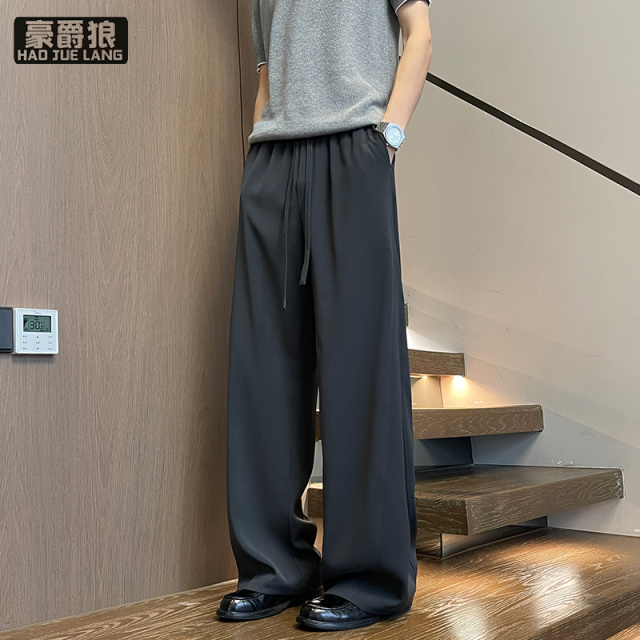 13550982.冰丝直筒弯刀裤子男夏季薄款垂坠感大码阔腿山本裤加长休闲西装裤