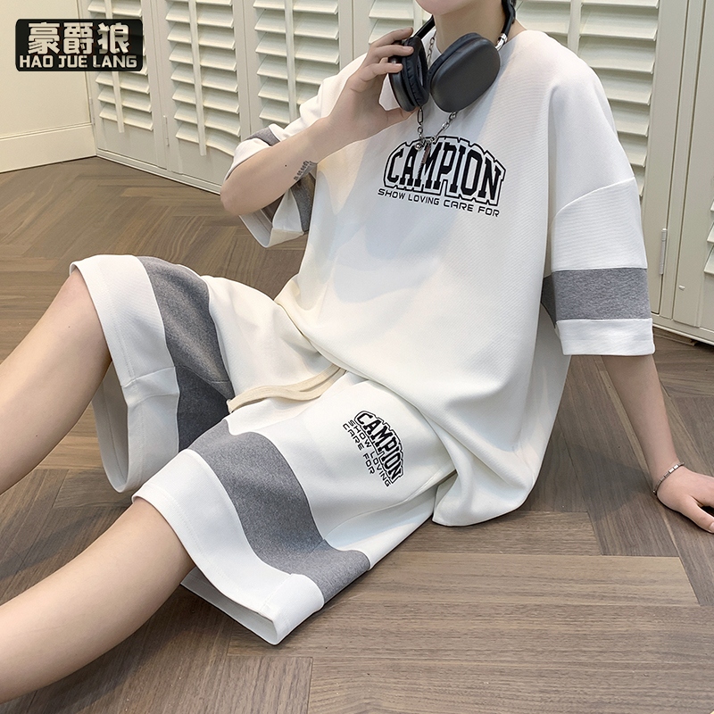 13551003.休闲运动套装男夏季短袖t恤男黑色半袖男体恤青少年一套帅气搭配T